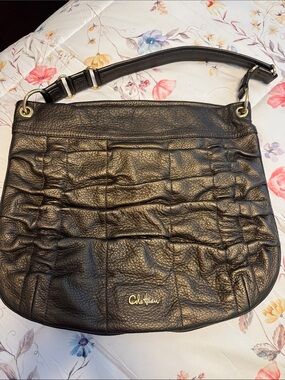 Cole Haan Black Pebbled Leather Ruched Shoulder Bag with Gold Hardware